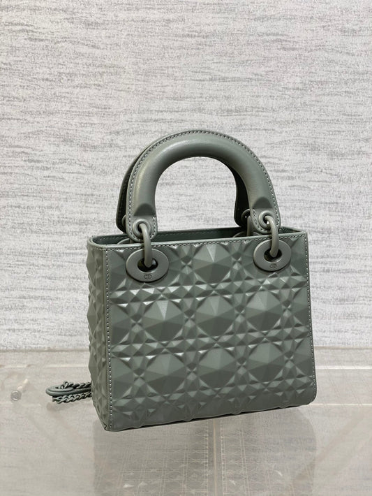 DO Mini Lady Bag Stone Gray Diamond Pattern Calfskin