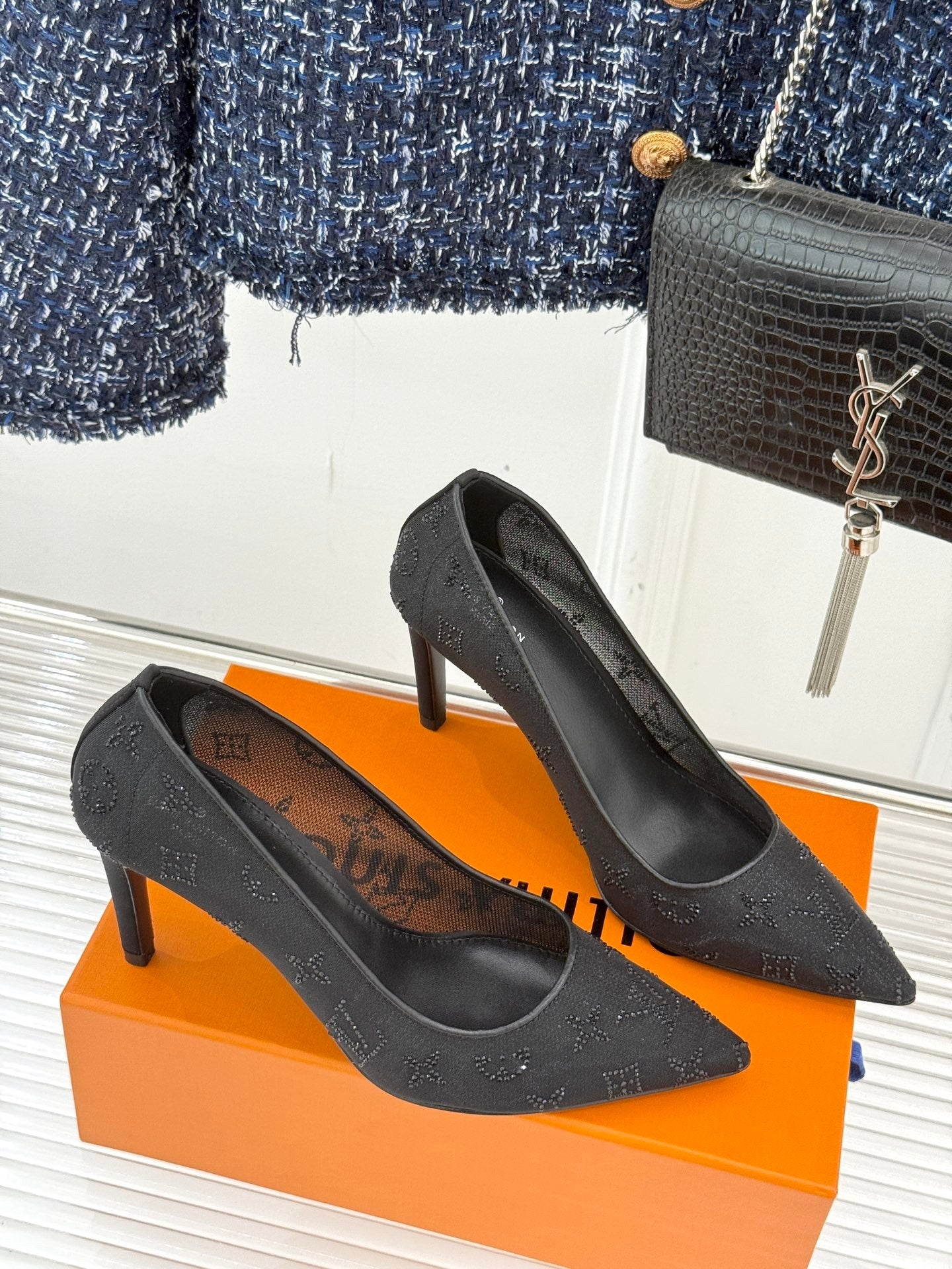 Louis New Rhinestone mesh pointed high heels