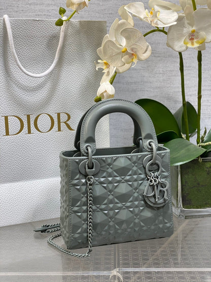 DO Mini Lady Bag  Stone Gray Diamond Pattern Calfskin