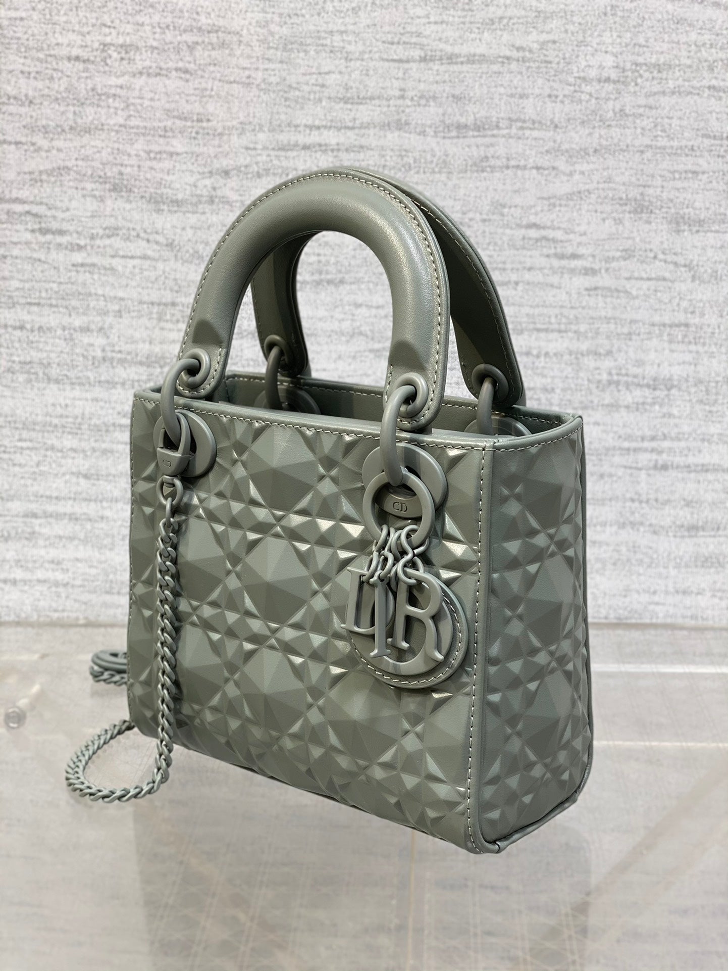 DO Mini Lady Bag  Stone Gray Diamond Pattern Calfskin