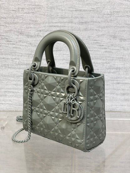 DO Mini Lady Bag  Stone Gray Diamond Pattern Calfskin