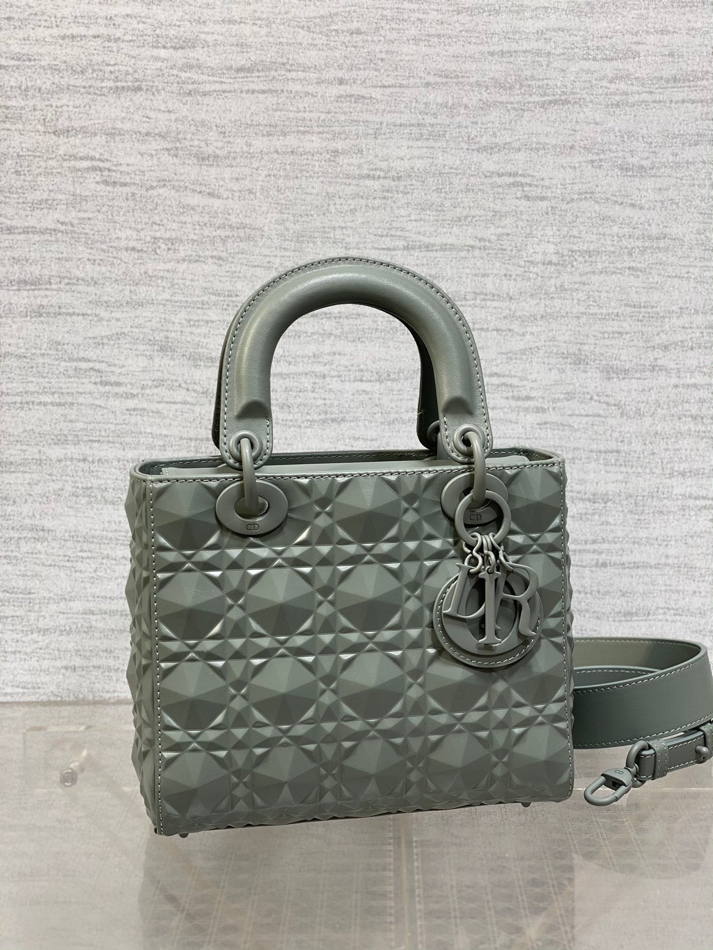 DO Mini Lady Bag  Stone Gray Diamond Pattern Calfskin