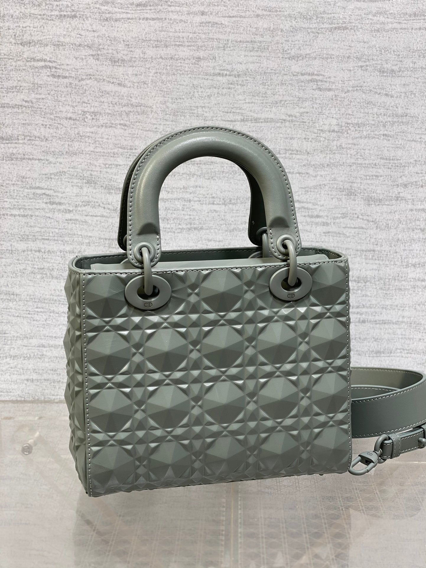 DO Mini Lady Bag  Stone Gray Diamond Pattern Calfskin
