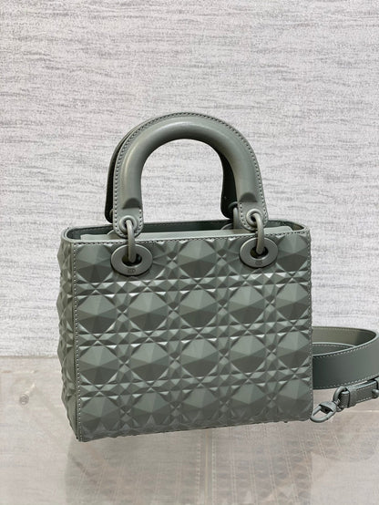 DO Mini Lady Bag  Stone Gray Diamond Pattern Calfskin