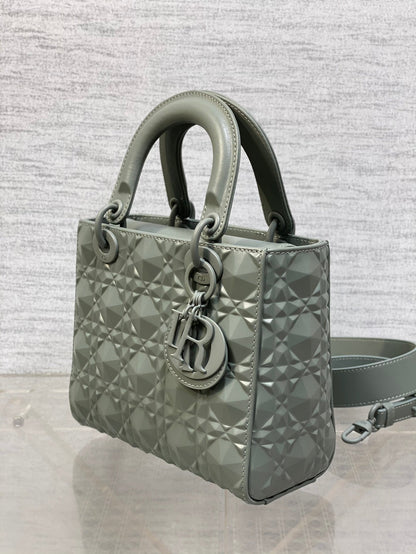 DO Mini Lady Bag  Stone Gray Diamond Pattern Calfskin