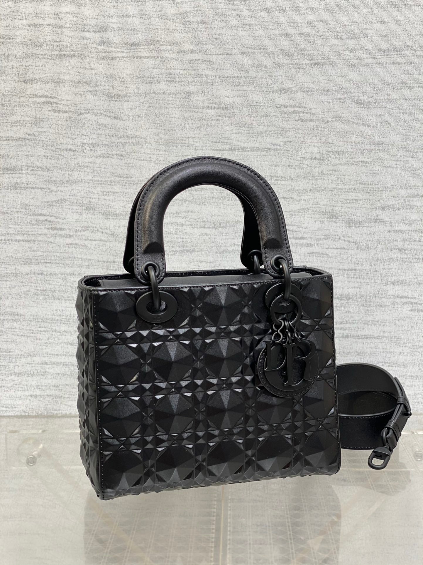 DO  Mini Lady Bag  Matte Black Diamond Pattern Calfskin