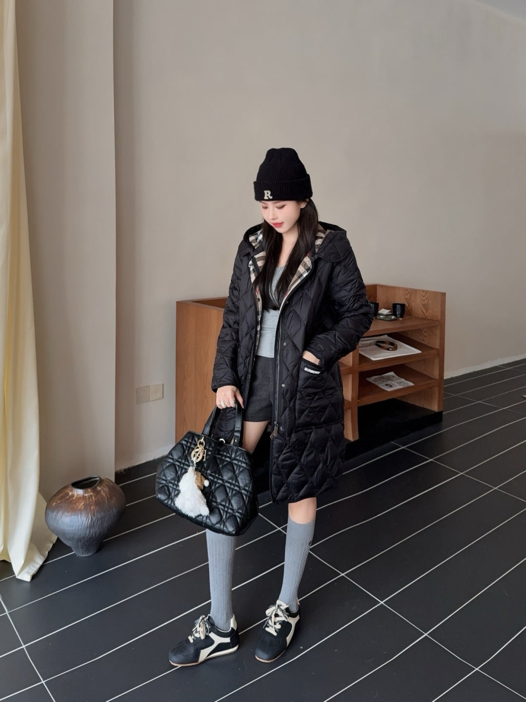 Bur New Diamond-patterned mid-length down jacket