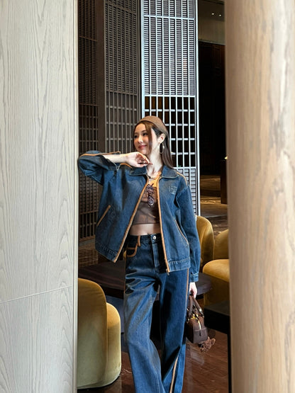 Miu New Leather patchwork denim jacket