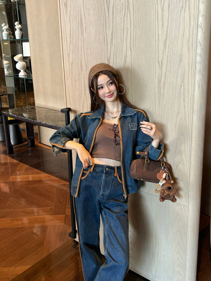 Miu New Leather patchwork denim jacket