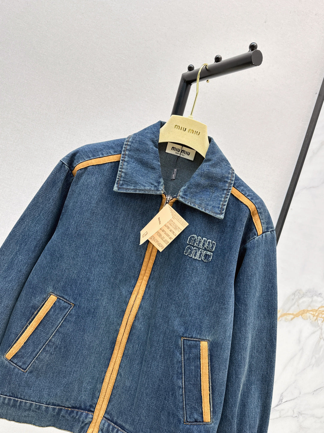 Miu New Leather patchwork denim jacket