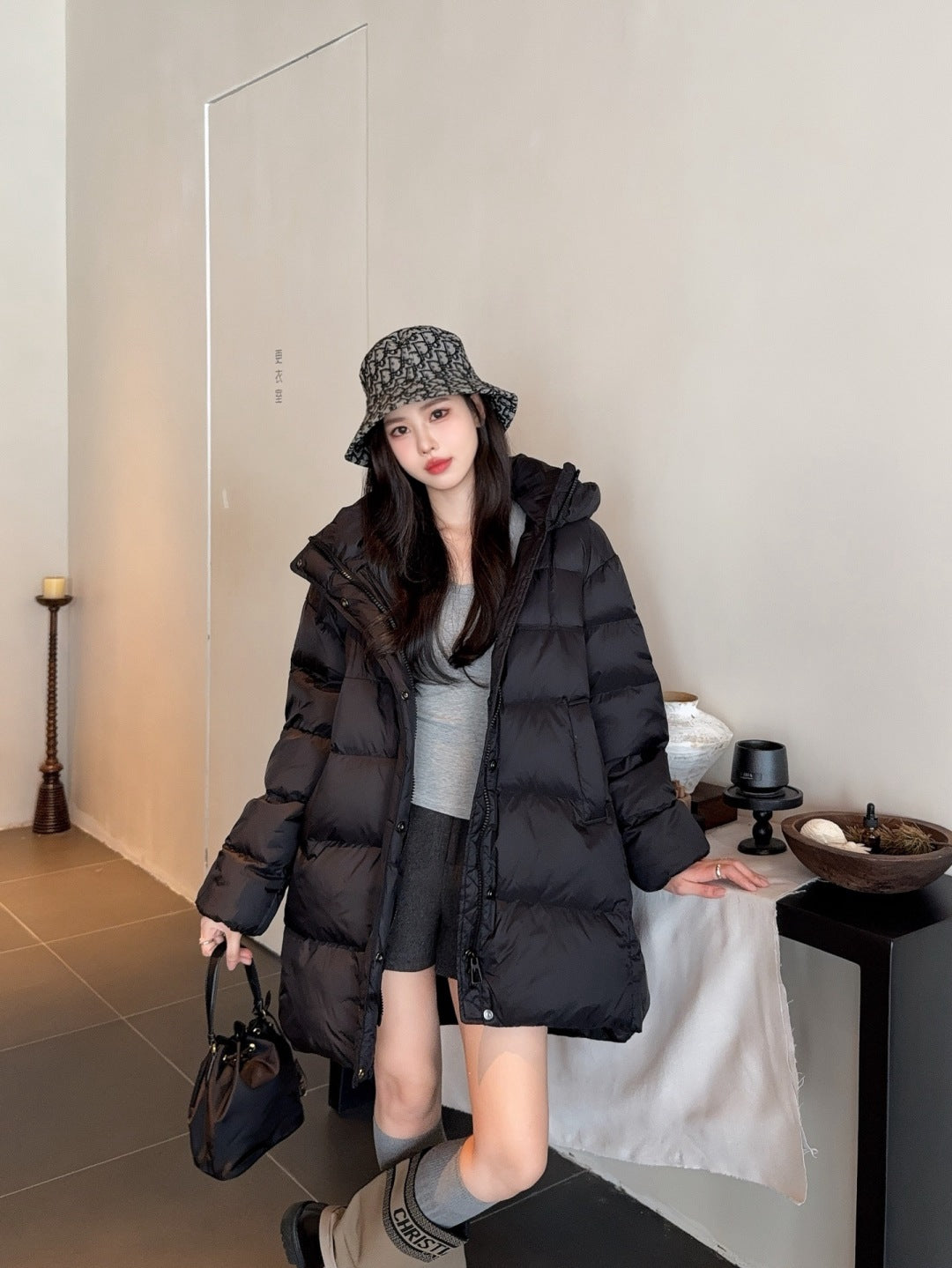 Max New hooded mid-length down jacket