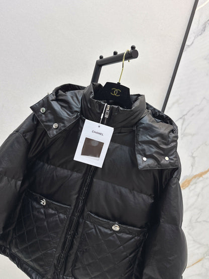 Chan New Patent leather hooded down jacket