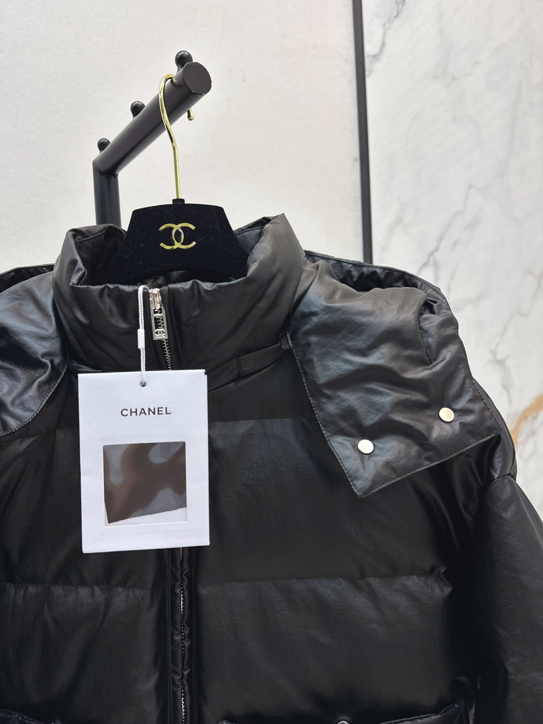 Chan New Patent leather hooded down jacket