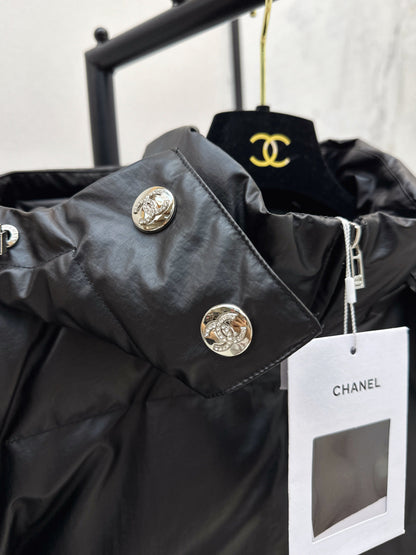 Chan New Patent leather hooded down jacket