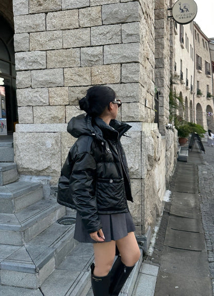 Chan New Patent leather hooded down jacket