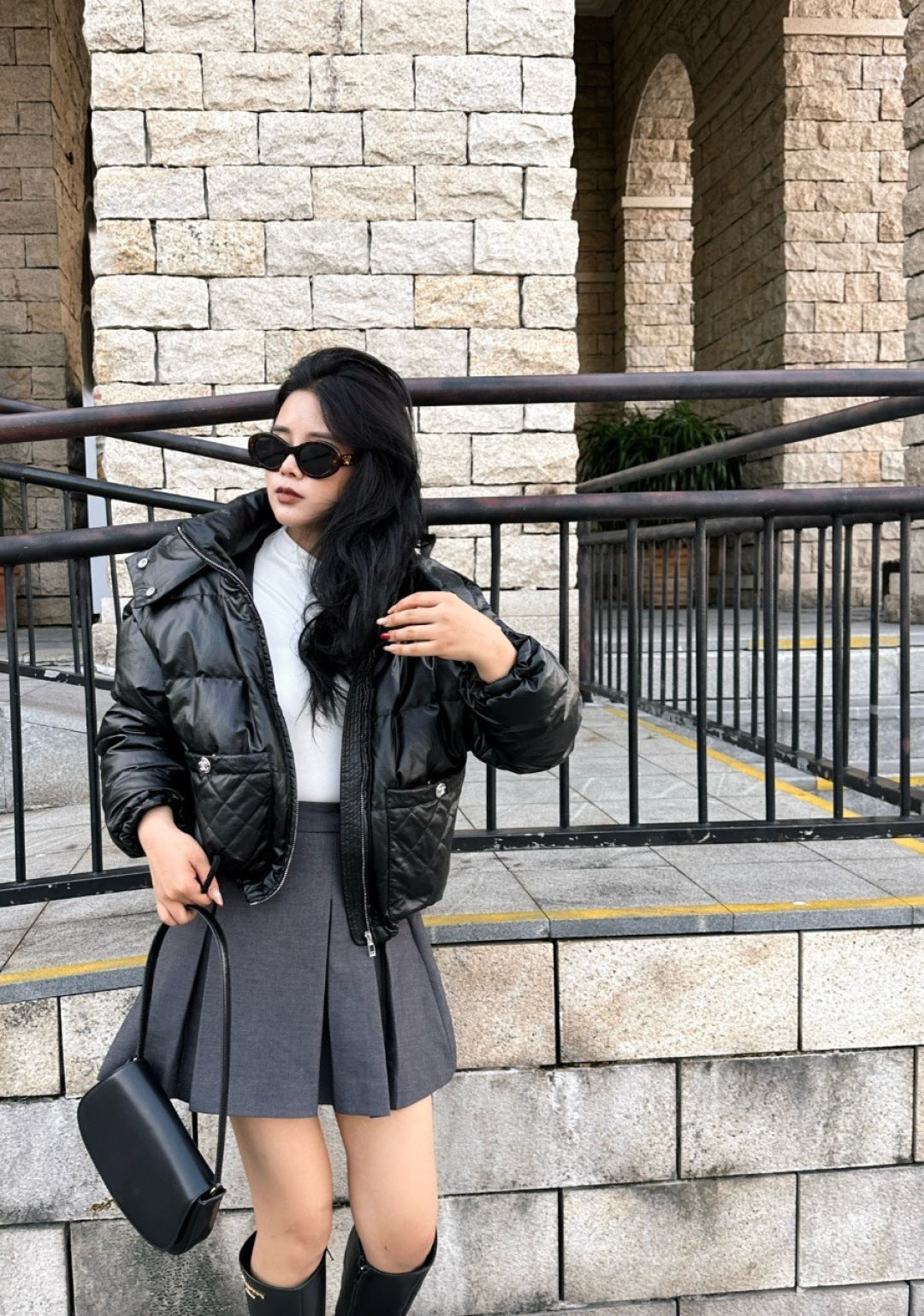 Chan New Patent leather hooded down jacket