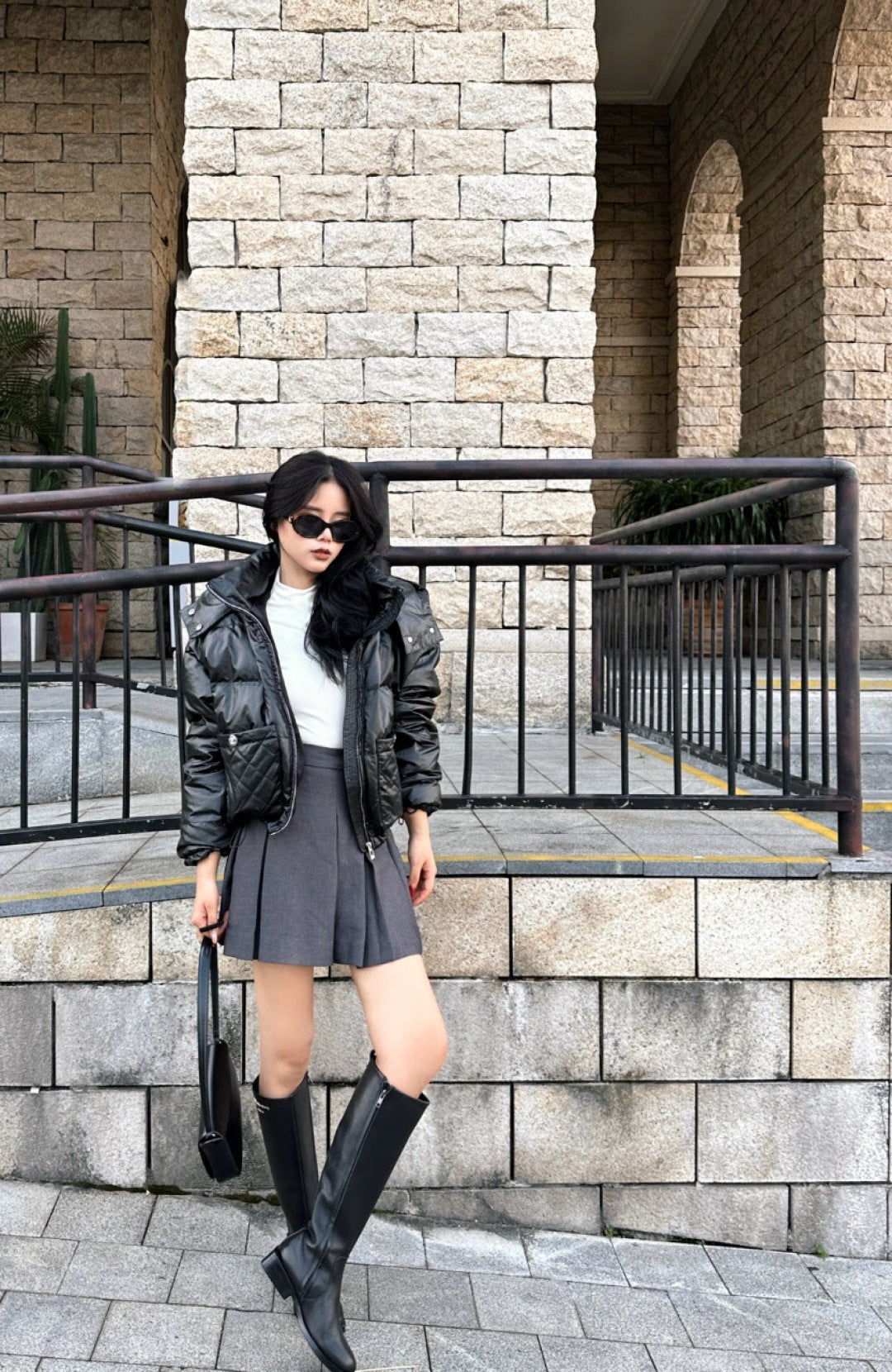 Chan New Patent leather hooded down jacket