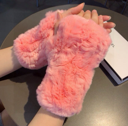 Chan Autumn and winter lazy rabbit fur half gloves