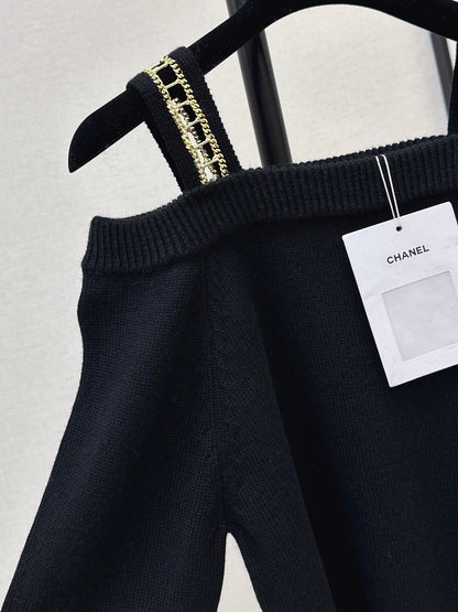 Chan NEW Chain-link openwork off-shoulder cashmere sweater