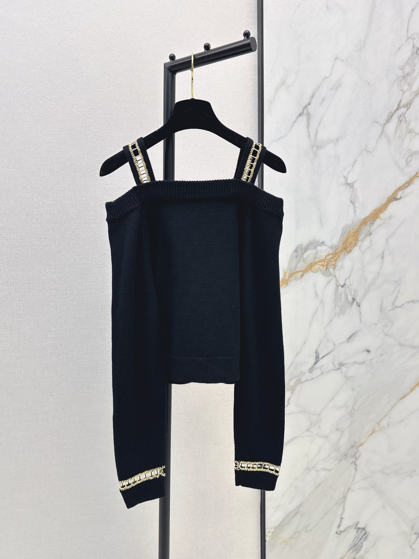 Chan NEW Chain-link openwork off-shoulder cashmere sweater