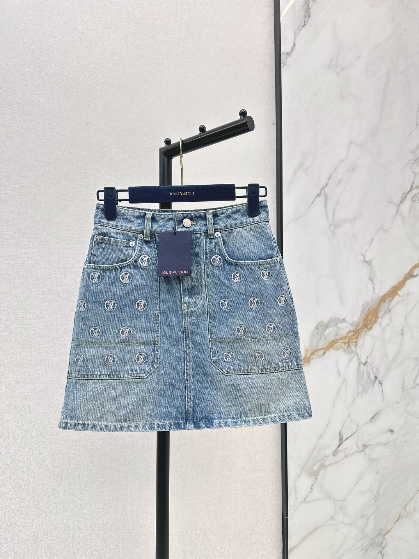 Louis NEW Gold Coin Sequin Denim Skirt