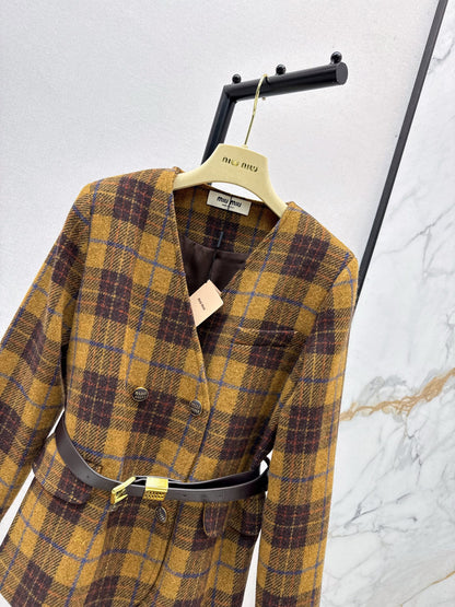 Miu NEW wool retro plaid coat