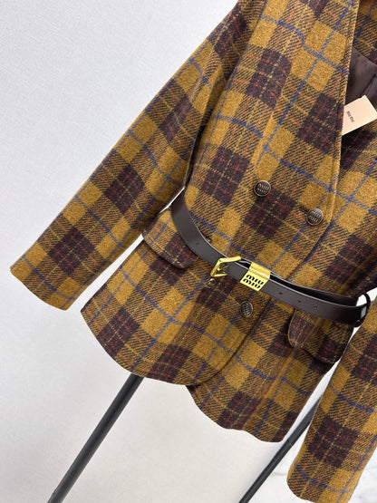 Miu NEW wool retro plaid coat