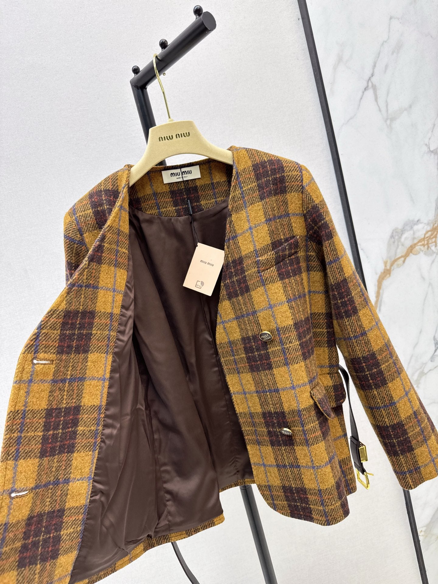 Miu NEW wool retro plaid coat