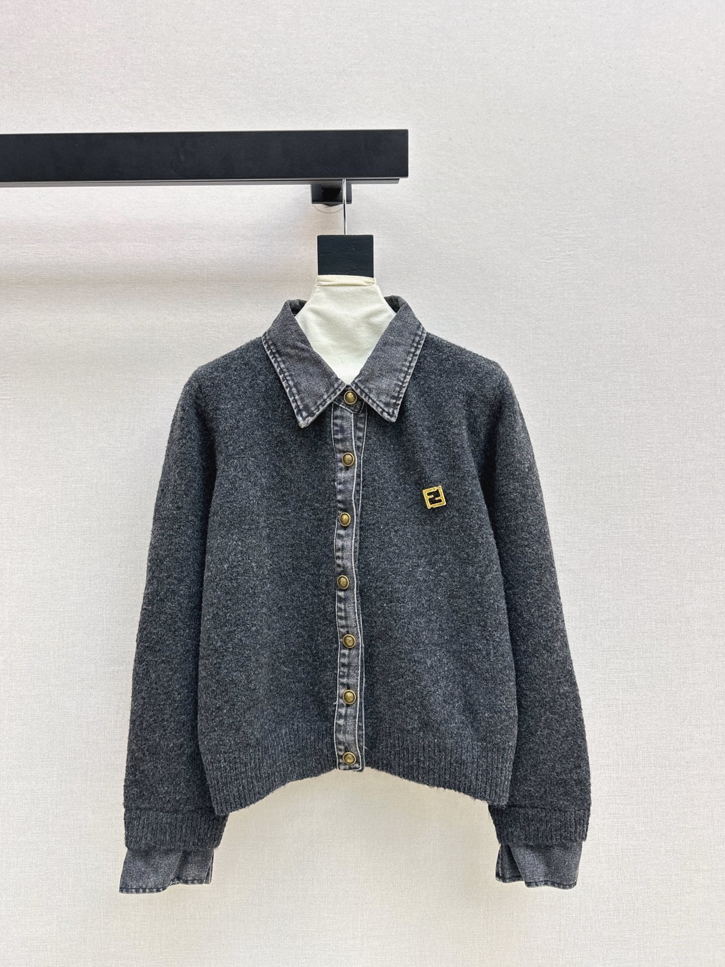 Fend NEW Denim patchwork polo sweater