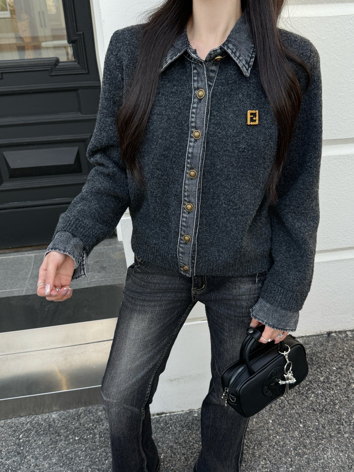 Fend NEW Denim patchwork polo sweater