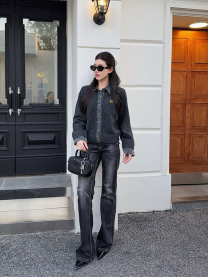 Fend NEW Denim patchwork polo sweater