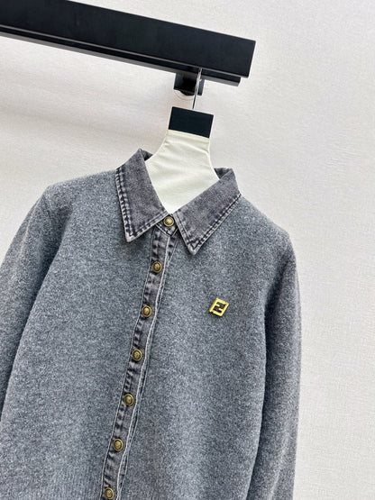 Fend NEW Denim patchwork polo sweater