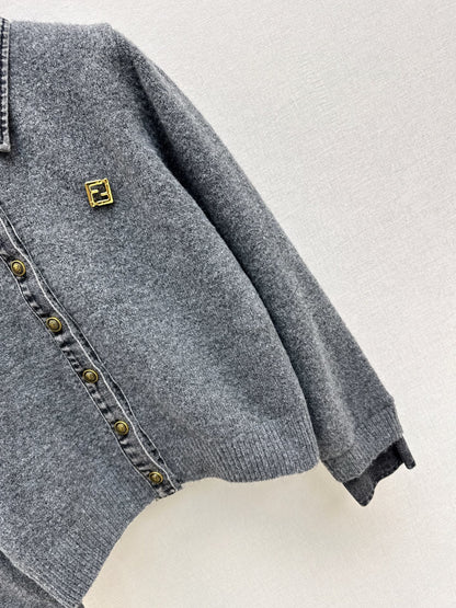 Fend NEW Denim patchwork polo sweater