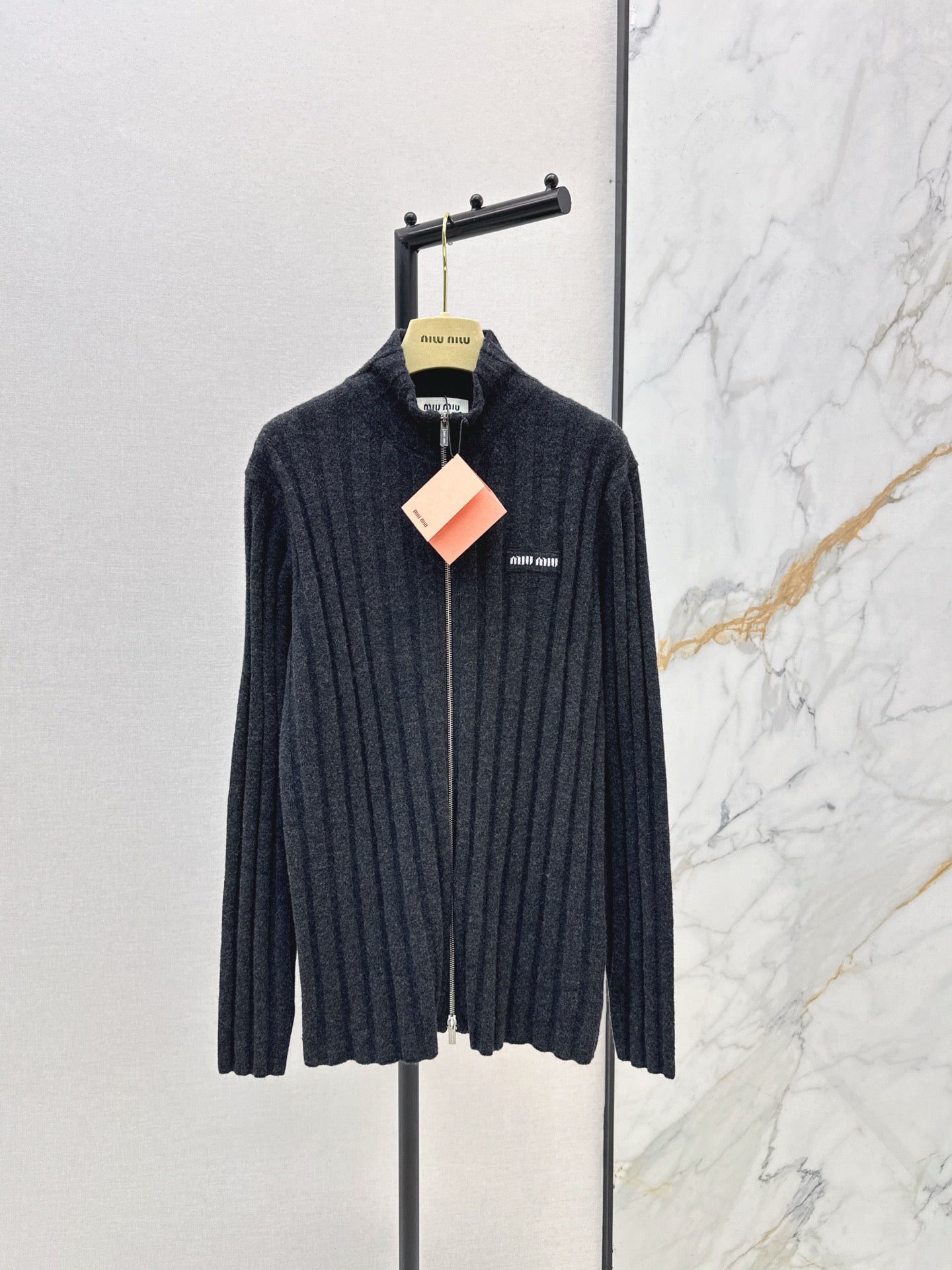 Miu NEW Zippered Ribbed Cashmere Cardigan
