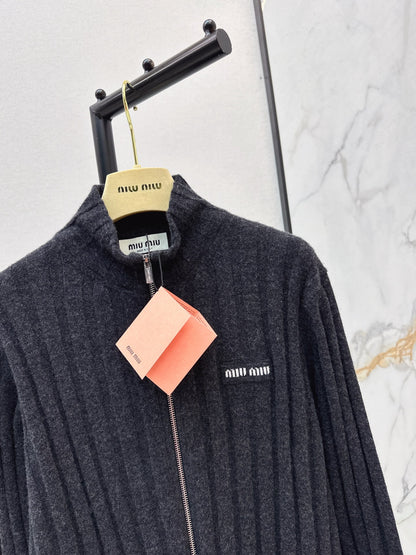 Miu NEW Zippered Ribbed Cashmere Cardigan