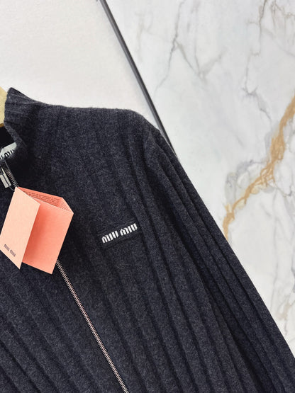 Miu NEW Zippered Ribbed Cashmere Cardigan