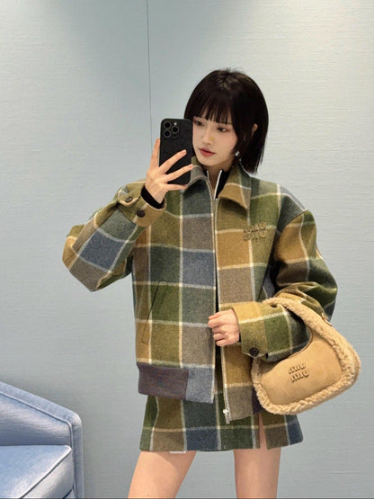 Miu NEW Retro plaid woolen coat
