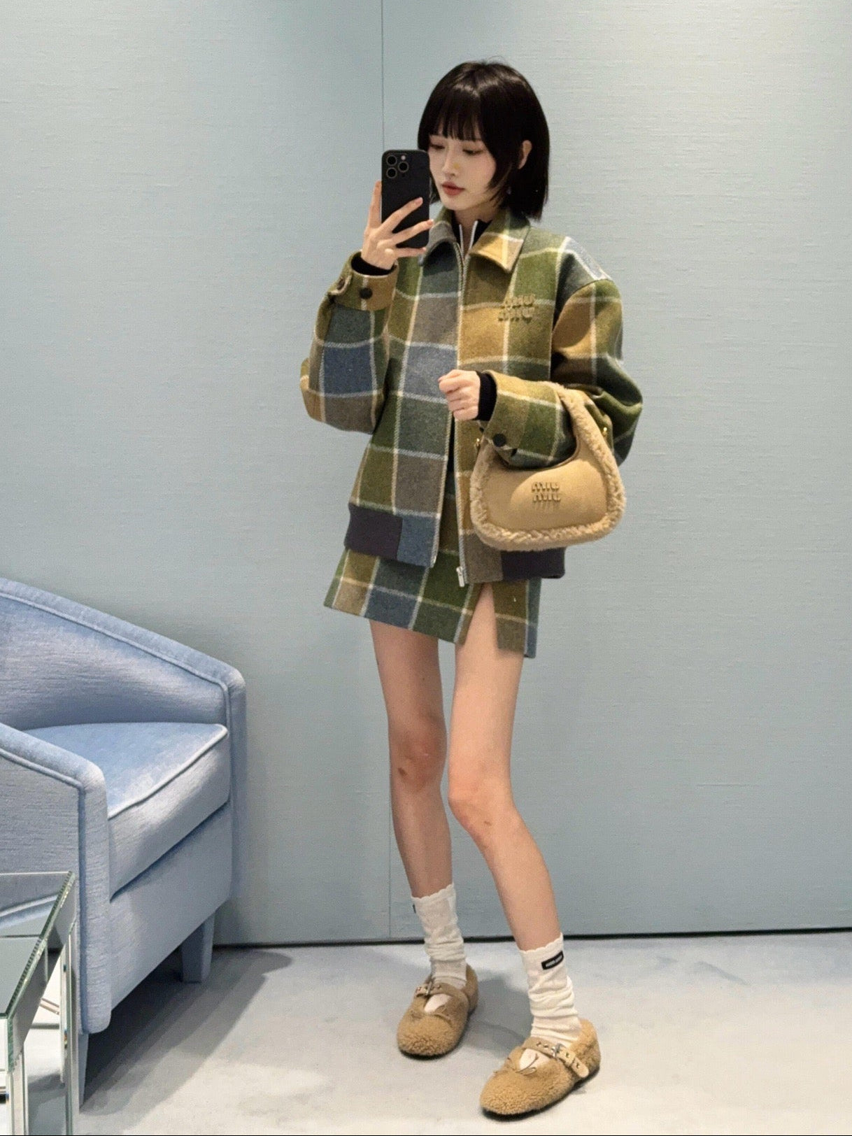 Miu NEW Retro plaid woolen coat
