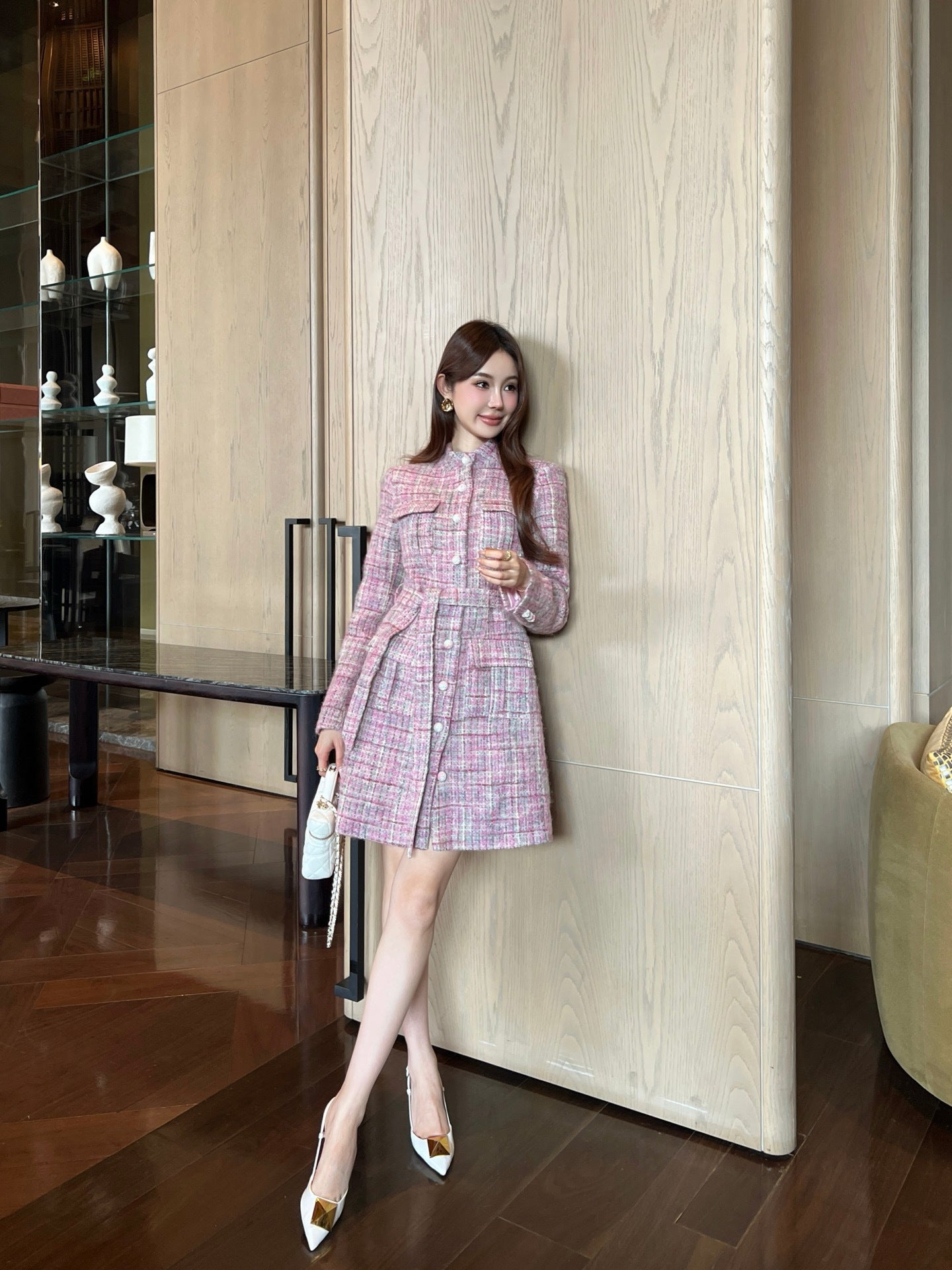 Chan NEW check tweed coat dress