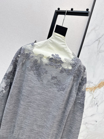 Es NEW  embroidery lace off shoulder sweater