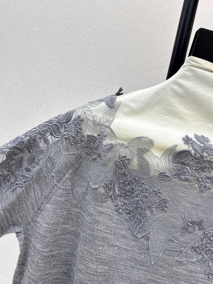 Es NEW  embroidery lace off shoulder sweater