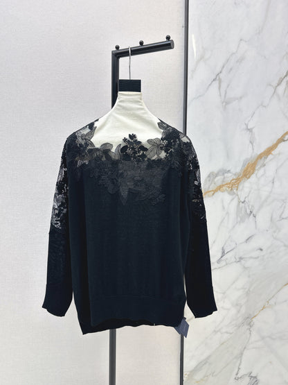 Es NEW  embroidery lace off shoulder sweater