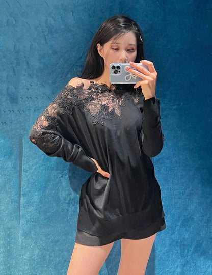 Es NEW  embroidery lace off shoulder sweater