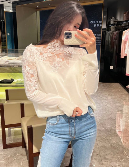 Es NEW  embroidery lace off shoulder sweater